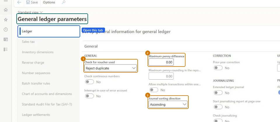 Review the general ledger parameters (zoomed on the outlined fields)