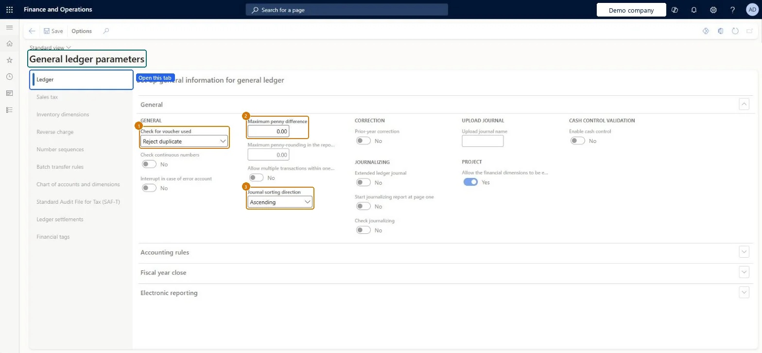 Review the general ledger parameters