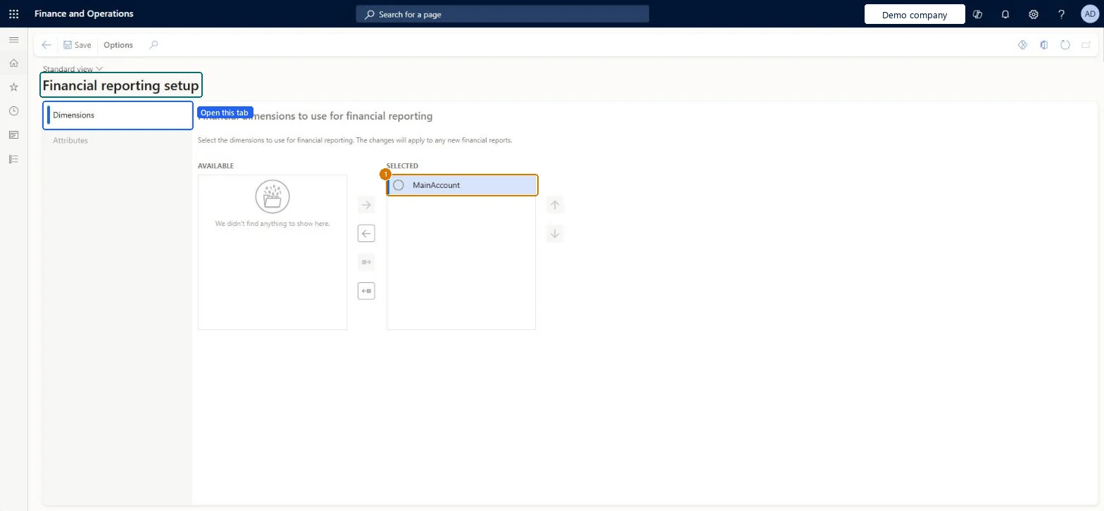 Choose the financial reporting dimensions