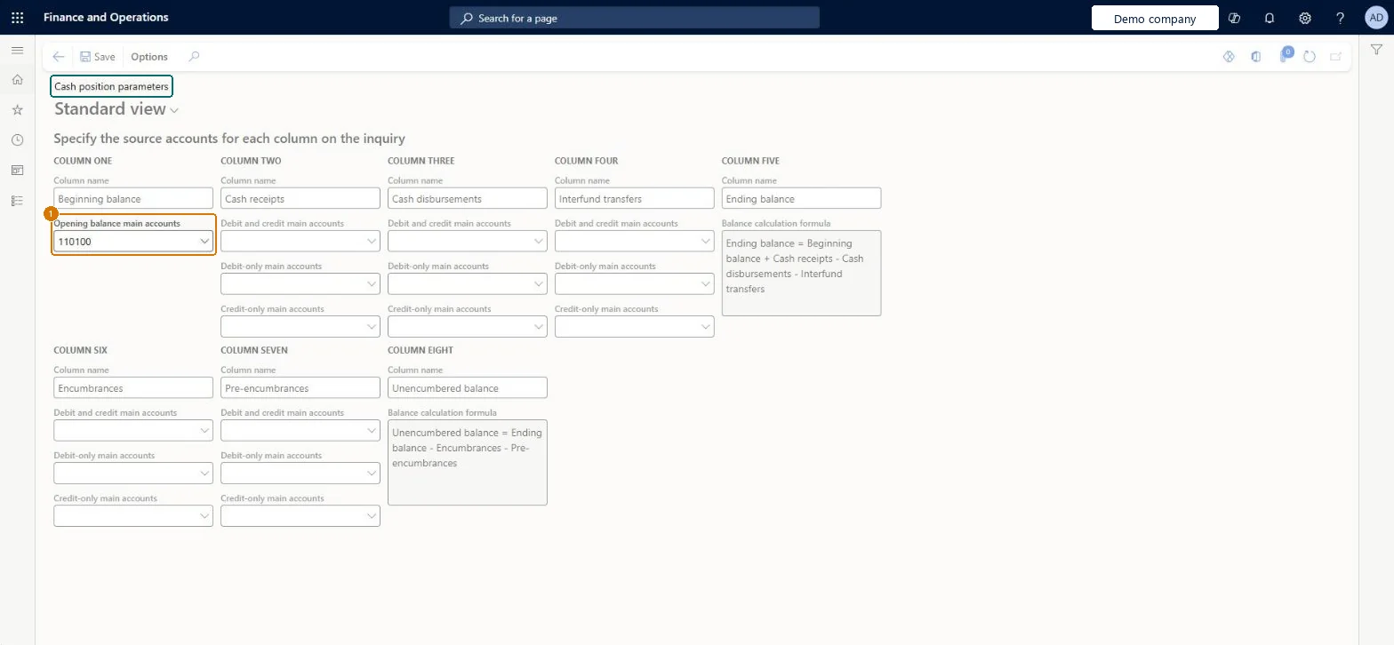 Set the cash position opening balance account