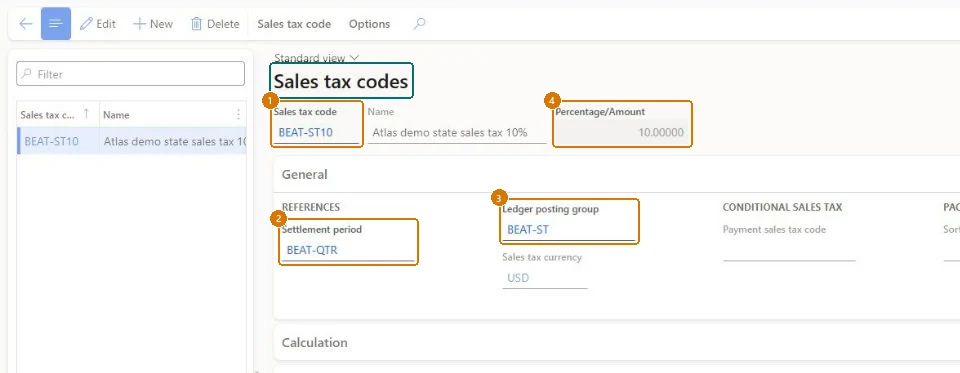 Create the sales tax code (zoomed on the outlined fields)