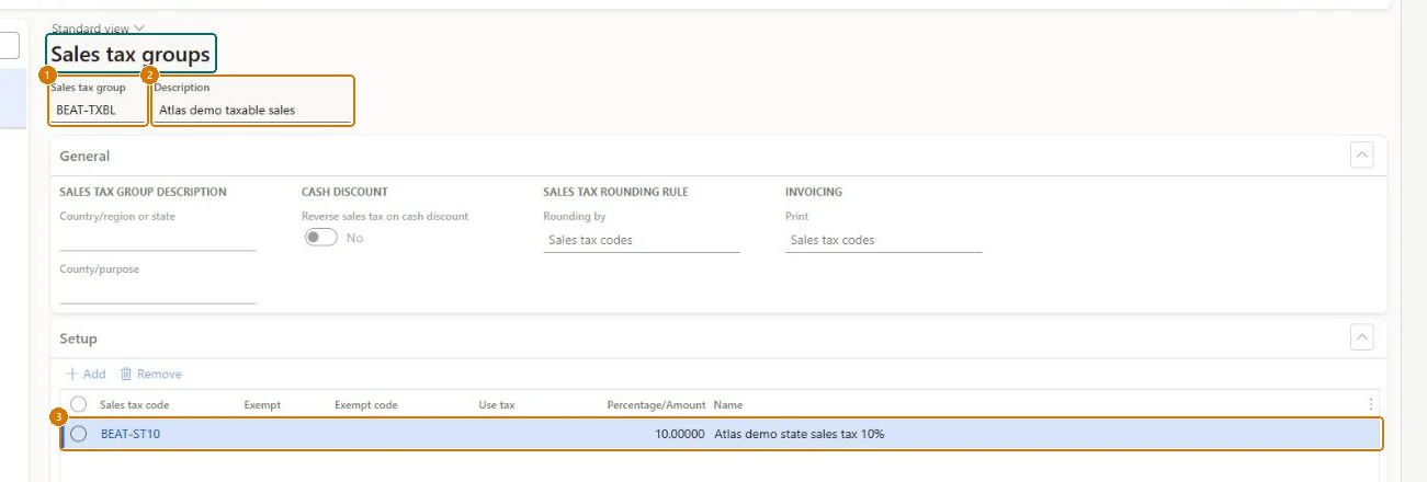 Create the sales tax group (zoomed on the outlined fields)