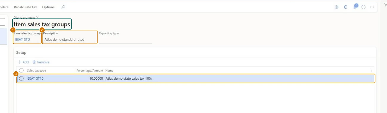 Create the item sales tax group (zoomed on the outlined fields)