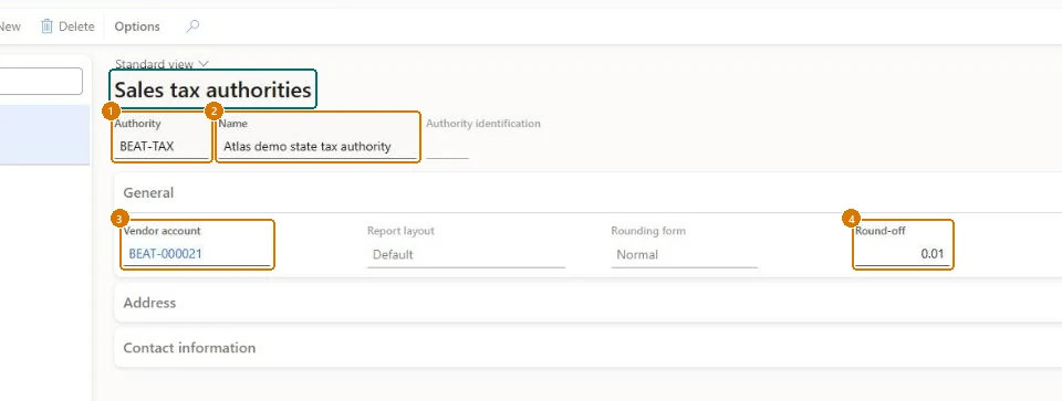 Create the sales tax authority (zoomed on the outlined fields)