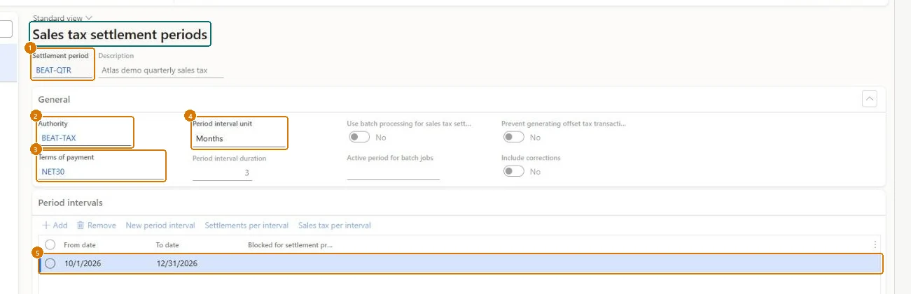 Create the sales tax settlement period (zoomed on the outlined fields)