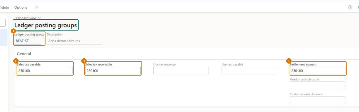 Create the ledger posting group (zoomed on the outlined fields)