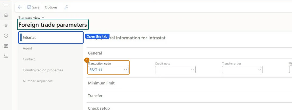Set the default transaction code (zoomed on the outlined fields)
