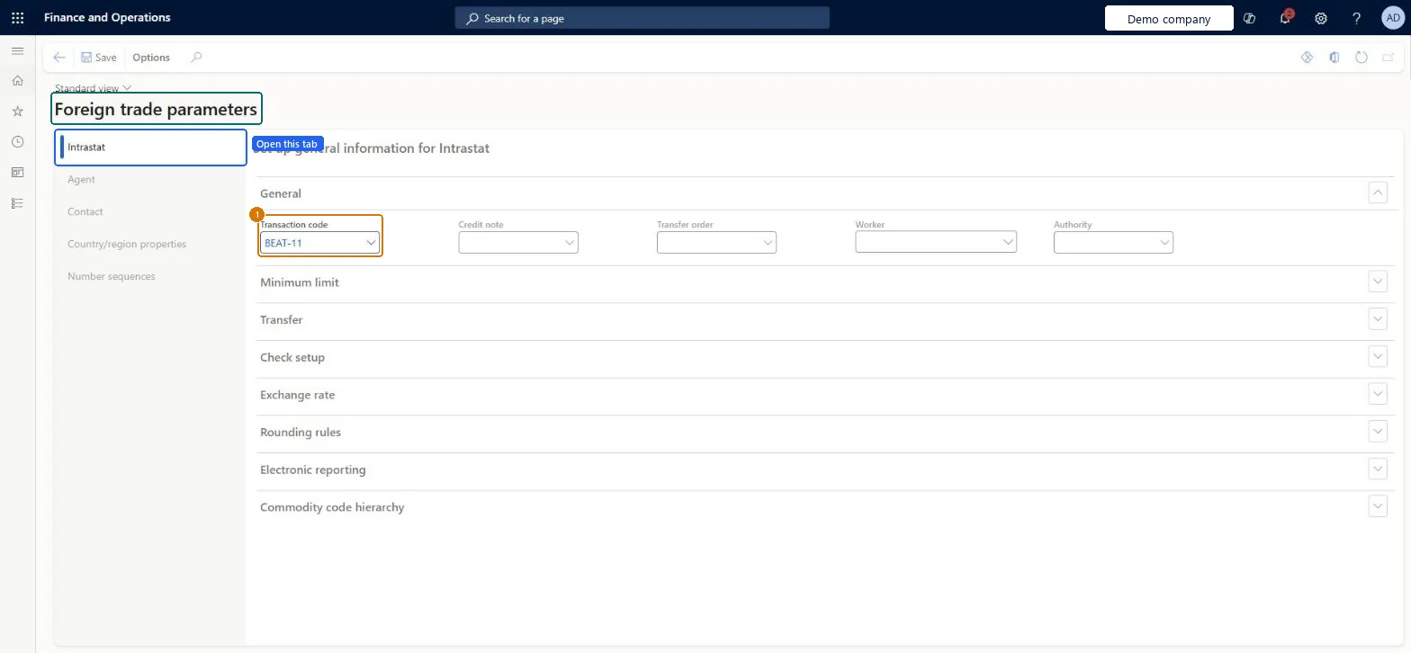 Set the default transaction code