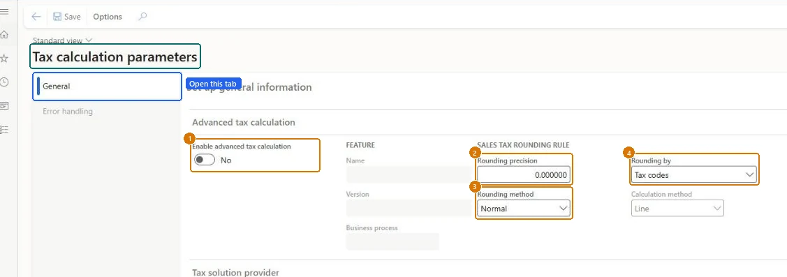Review the tax calculation parameters (zoomed on the outlined fields)