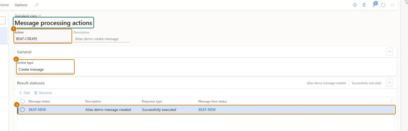Create the message processing action (zoomed on the outlined fields)